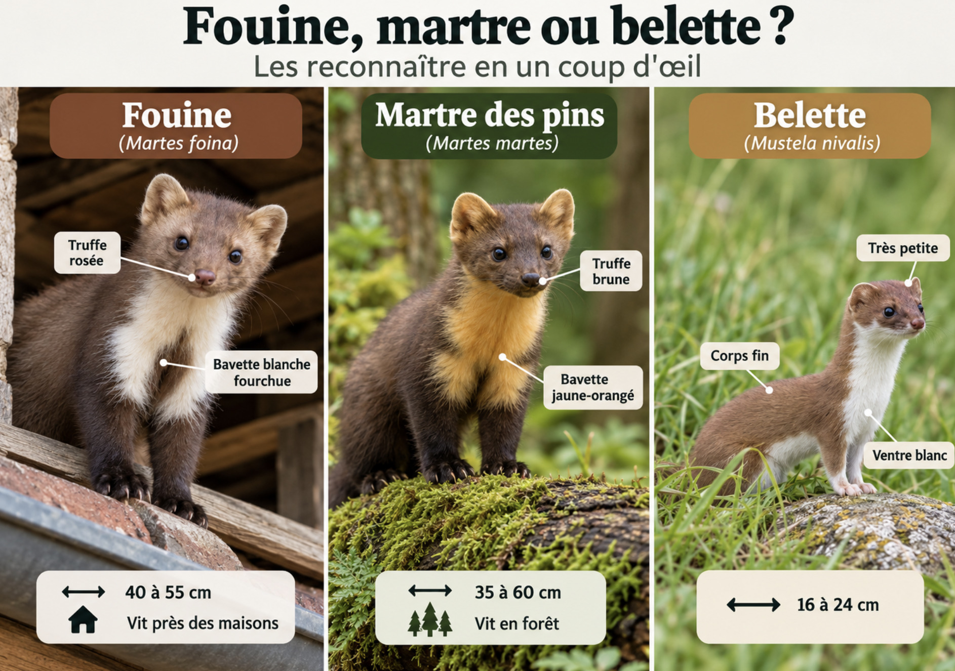 Illustration comparant la fouine, la martre des pins et la belette